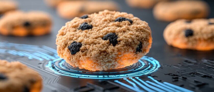 Futuristic cookies on an electronic grid with glowing chocolate chips around a main cookie on a high-tech surface