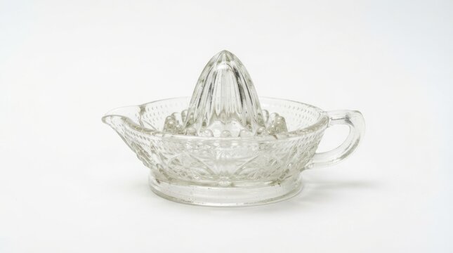Vintage glass citrus juicer with ornate pressed pattern isolated on white background