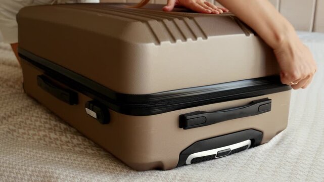 Close-up of a woman closing a packed hard shell suitcase by pulling the zipper before travel. Preparing luggage for vacation, business trip or holiday at home.