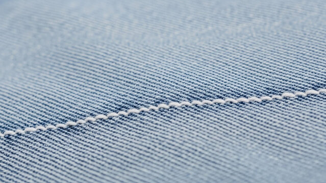 Light blue denim fabric with a visible white stitch line running horizontally across the textured material.