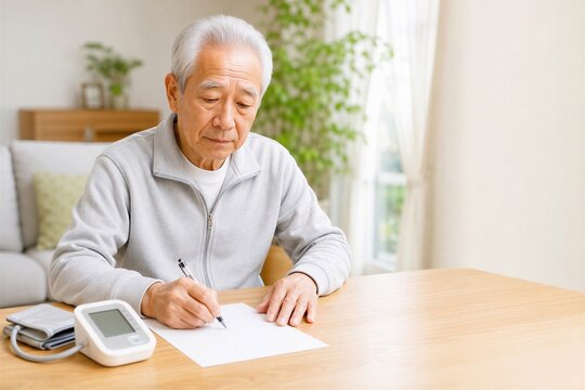 血圧測定後に記録用紙へ記入する日本人シニア男性