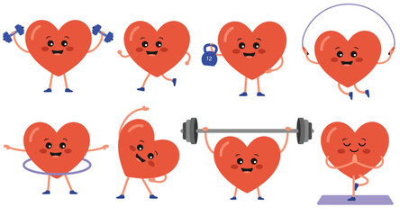 Naklejka premium Cute Heart Character Fitness and Exercise Workout Set