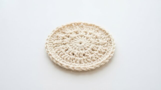 Handmade beige crochet round coaster isolated on plain white studio background