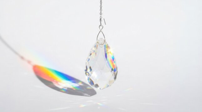Hanging crystal prism suncatcher creating a colorful rainbow spectrum on white background