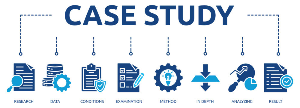 case study glyph banner icon of research, data, conditions, examination, method, in depth, analyzing, result