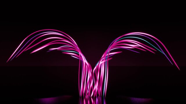 Neon pink and purple abstract light streaks on black. 3d rendering