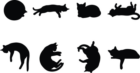 Sleeping cat silhouettes vector set featuring felines resting stretching curling up and napping isolated on white background © Alif
