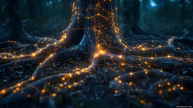 Bioluminescent Forest Roots Connected via Digital Network Neural Communication Concept