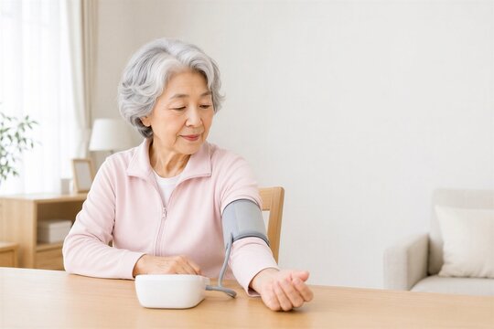 家庭用血圧計で血圧を測る日本人シニア女性