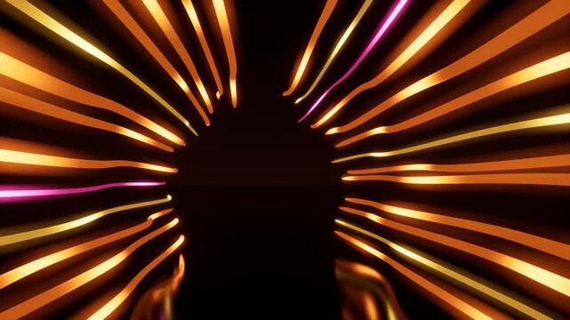 Orange and purple light trails on dark background. 3d rendering