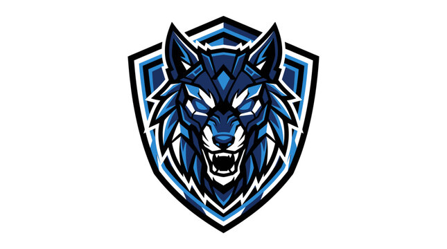 Aggressive Blue Wolf Mascot Shield Emblem Logo Design.