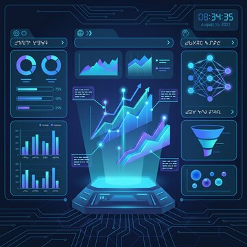 Digital dashboard displaying financial growth charts with glowing neon blue graphics