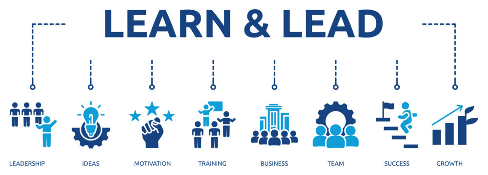 learn & lead glyph banner icon of leadership, ideas, motivation, training, business, team, success, growth