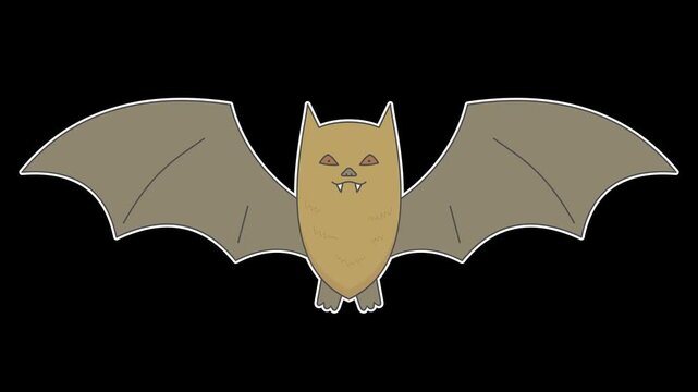 Seamless looping animation of a bat flapping its wings for dark Halloween holiday concepts. Flat style sticker design element isolated on transparent alpha channel background