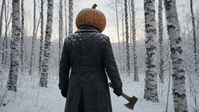 Pumpkin headed figure holding an axe in a snow-covered birch forest, a chilling and eerie scene. Halloween horror concept in a winter landscape