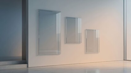 Fototapeta premium Modern display cases on a minimalist wall showcasing art and memorabilia in a contemporary space
