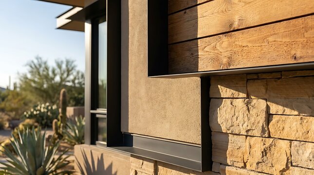 Architectural detail of an arizona modern homes exterior featuring a blend of stacked stone, natural timber wood siding, and smooth stucco finish design