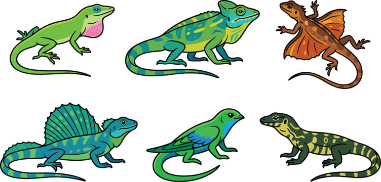  Cartoon exotic lizard and chameleon vector set with cute colorful reptile characters isolated on white background