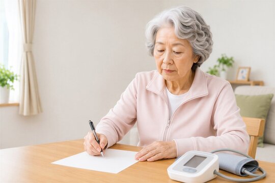 血圧測定後に記録用紙へ記入する日本人シニア女性