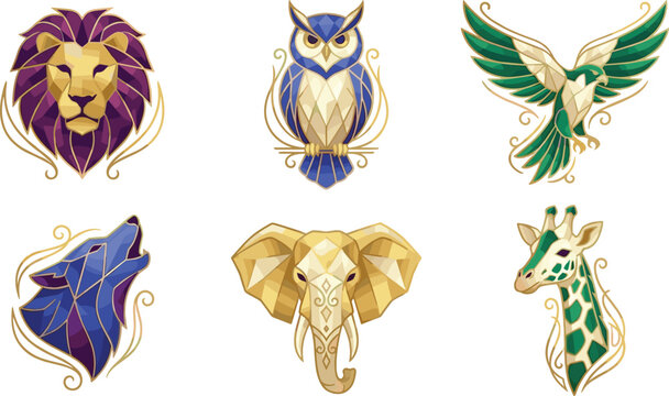  Luxury geometric low poly animal emblem vector set with elegant gold filigree lines and crystalline wildlife icons