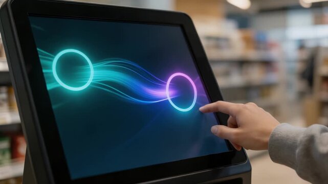 Medium shot of a retail kiosk screen featuring a colorful CBDC transfer interface with a shoppers hand engaged and store details blurred.