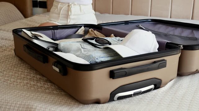 Close up of woman unfastening compression straps inside packed suitcase during unpacking.