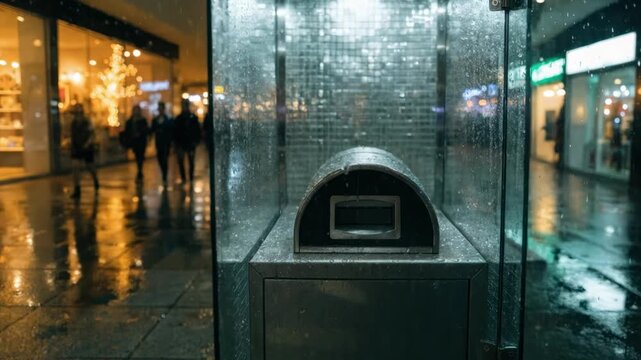 Nightlit view inside a compact ATM vestibule at a mall entrance emphasizing the ATM deposit slot in sharp detail while the background remains softly blurred.