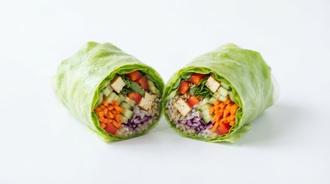 Fresh vegetable spring roll with tofu and colorful crisp vegetables wrapped in lettuce leaves