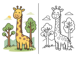 A cute giraffe vector illustration featuring a colorful character design alongside a simple black and white line art version for creative coloring book activity pages projects. © Kevin