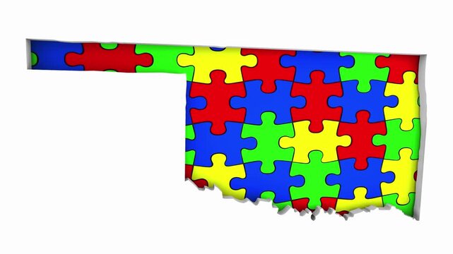 Oklahoma OK State Map Autism Puzzle Pieces Awareness Autistic Symbol Spectrum 3d Animation