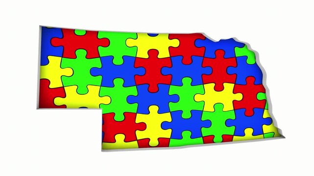 Nebraska NE State Map Autism Puzzle Pieces Awareness Autistic Symbol Spectrum 3d Animation