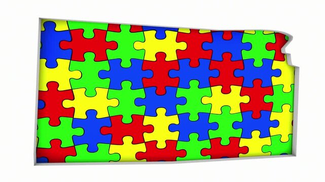 Kansas KS State Map Autism Puzzle Pieces Awareness Autistic Symbol Spectrum 3d Animation