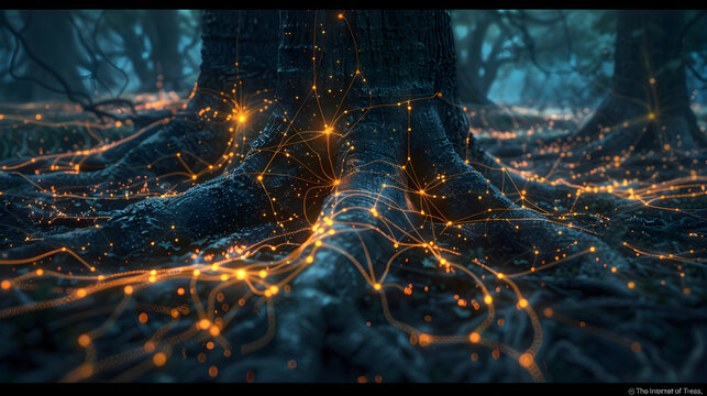 Woodland Roots with Neural Glow and Digital Data Stream Connectivity Concept