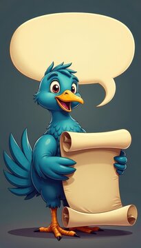 Cartoon bird with speech bubble, holding a scroll , brown, yellow, paper
