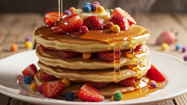 Stack of four fluffy golden pancakes on a white plate, layered with sliced strawberries and multi-colored cereal balls, topped with maple syrup and rising steam on a wooden table.