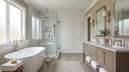Fototapeta premium Luxurious Modern Bathroom Interior with Elegant Freestanding Bathtub, Double Vanity, and Walk-in Shower