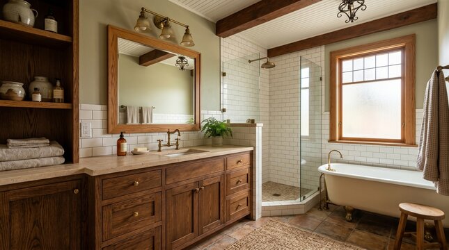 Rustic Bathroom Interior Featuring Custom Wood Cabinetry and Vintage Clawfoot Bathtub with Subway Tile Backsplash