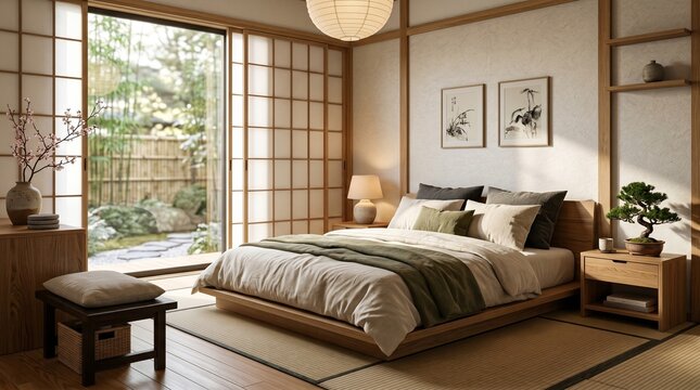 Minimalist Japanese Bedroom Design with Tatami Mats Shoji Screens and Zen Garden View