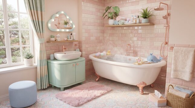 Serene pastel bathroom with classic clawfoot tub, mint green vanity, and pink walls, offering a tranquil home spa retreat