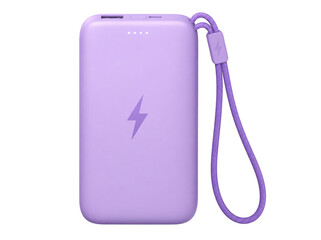 Fototapeta premium Purple portable power bank with wrist strap isolated on transparent background