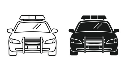 Obraz premium Police car front view icon set, linear and silhouette style vector illustration of patrol vehicle with light bar and push bumper isolated on white background