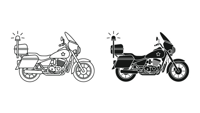 Police motorcycle line art and silhouette icon set law enforcement patrol bike with siren and saddlebags vector illustration isolated on white background