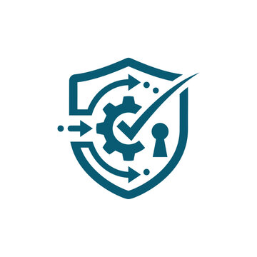 A blue shield icon featuring a gear and check mark symbol