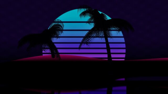 Retro palm trees silhouette with neon sunset. 3d rendering