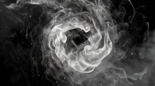 A dramatic video showcasing a swirling smoke pattern in black and white