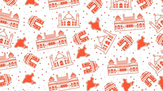 4K India cultural loop video in seamless pattern style, featuring moving orange silhouettes of Red Fort, Taj Mahal, India Gate, and country maps on a white dotted landscape background.