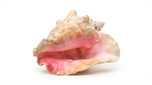 Large pink conch seashell with detailed natural texture on white background
