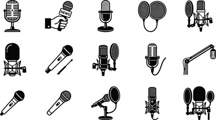 Microphone Vector Black Icon Set with Retro Studio Mics Handheld Transmitters Pop Filters and Shock Mounts for Podcast Broadcast Recording Logos © Nayem