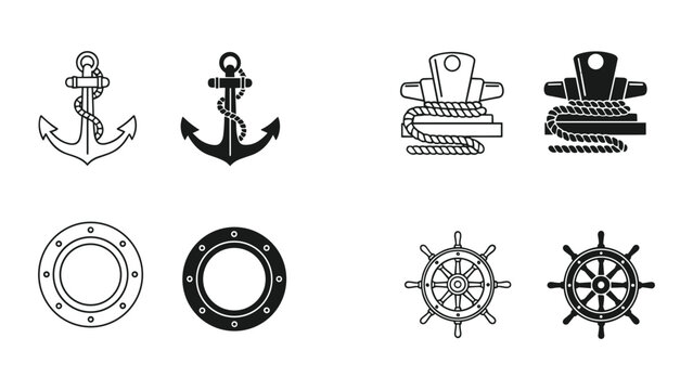 Nautical icons set, anchor, ship wheel, porthole and mooring bollard with rope, marine equipment symbols, vector illustration isolated on white background