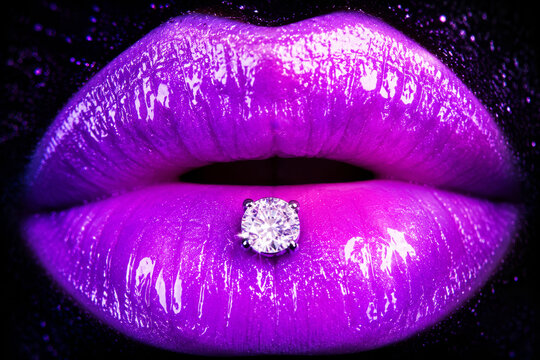 Woman with purple glossy lips and diamond labret piercing. Macro shot of sparkling lip makeup and jewelry. Fantasy beauty concept, luxury style, glowing skin, disco party fashion.